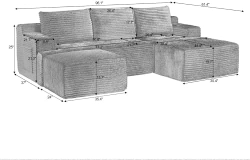 96IN U Shaped Boneless Sectional Compressed Cloud Couches