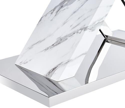Marble Dining Table Set for 4,63 in White Rectangular Table with Sliver Metal X-Shaped Frame and 4 Black Leather Dining Chairs,ModernTable and Chairs for Kitchen Dining Room,Restaurant
