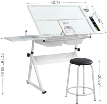 Height Adjustable Drafting Table Desk w/Stool, Tempered Glass Top