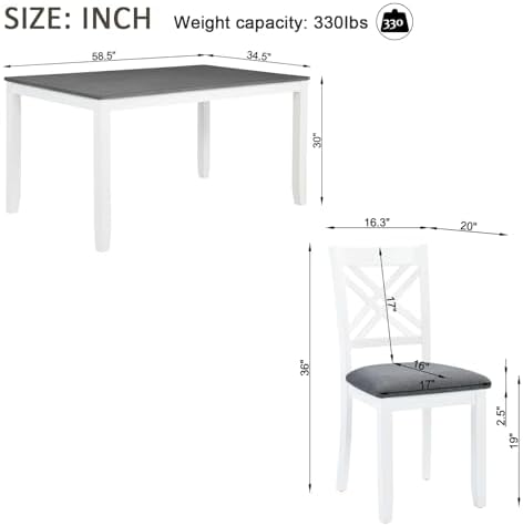 Harper & Bright Designs 58.5" Lx34.5 W Solid Wood 7-Piece Dining Table Set for 6, Grey White Two-Tone Kitchen Dining Room Set with 6 Upholstered Chairs, Rubber Wood Frame, 330LBS Capacity