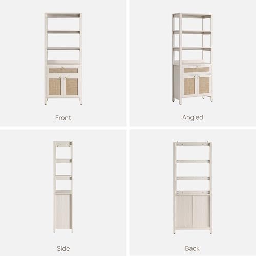 SICOTAS 68.5" Tall Boho Large White Rattan Bookshelf with Drawer and Doors