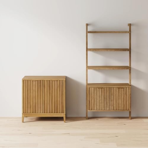 Nathan James Jasper 3-Shelf Solid Wood Boho Bookshelf, Wall Mounted Bookshelf with Cabinet with Fluted Doors, Light Brown