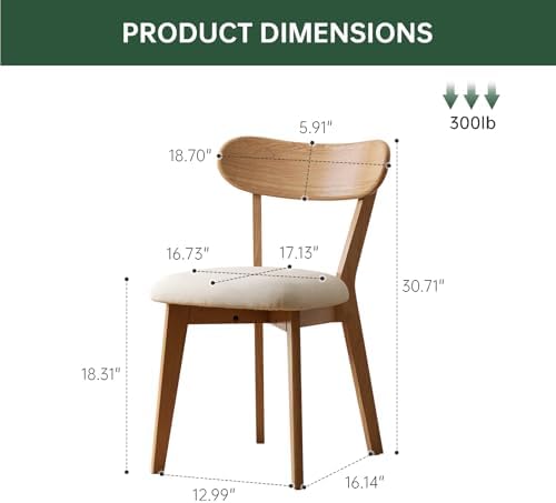 100% Solid Wood Upholstered Dining Chairs, Mid Century Modern Oak Dining Chairs with Curved Back Design with Butterfly Wing Shape for Kitchen, Dining Room, Restaurant (1PK, Log Color-Beige Cushion)