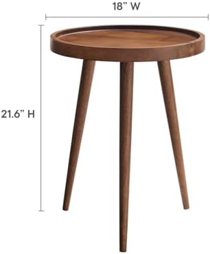 Modway Chiro Solid Wood Side Table in Walnut with Tray Top - Mid-Century Modern Round Accent Table - Small Bedside Table with Tapered Legs - Living Room End Table