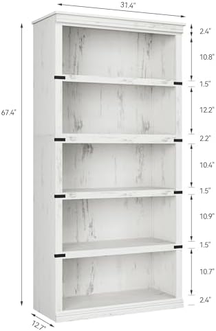 IDEALHOUSE 5 Tier Bookcase, Farmhouse Book Shelf with Storage, Tall Book Case Wooden 5 Shelf Bookcase for Home Office, Living Room, Bed Room (White, 67.4" H x 31.5" W x 12.8" D)