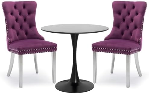 3-Pieces Dining Sets, 31.5" Round Dining Table with 2 Velvet Upholstered Dining Chairs,Silver Plated Legs Design for Kitchen Dining Room Apartment(1 Black Table with 2 Purple Chairs)