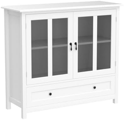 RASOO White Modern Buffet Cabinet with Double Glass Doors