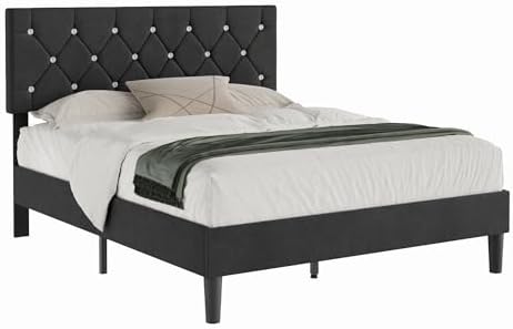 VECELO Queen Size Bed Frame, Upholstered Platform with Adjustable Diamond Tufted Headboard, Wood Slat Support, No Box Spring Needed, Velvet & Black
