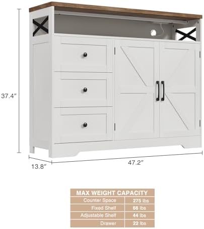 47" Antique White Storage Cabinet with Doors and Drawers, Farmhouse