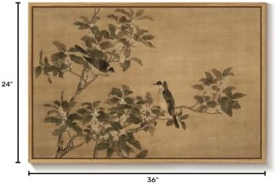 Framed Vintage Neutral Rustic Botanical Bird Chinoiserie wall art, 24x36 In
