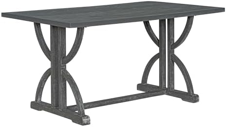 Merax 6-Piece Farmhouse Dining Table and Chair Set, 60'' Solid Wood Rectangular Kitchen Table Set with 4 Upholstered Chairs & 1 Bench for Kitchen Room, Gray Wash+Beige