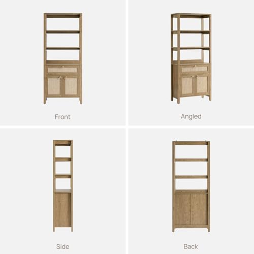SICOTAS 68.5" Tall Boho Rattan Bookshelf with Single Drawer & Storage Doors