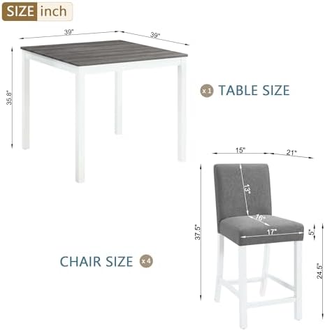 RuiSiSi 5-Piece Counter Height Dining Table Set, Square Dining Table White with 4 Upholstered Chairs, Solid Wood Kitchen Table and Chairs Set for Kitchen, Home Bar, Grey