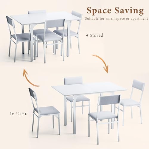 HUAHUU Dining Table Set for 4, Extendable Kitchen Table Cushion Chairs Set of 4, Rectangle Dining Table with Metal Frame & MDF Board, Folding for Small Apartment Saving Space, White