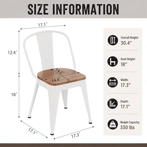 18 Inch Metal Dining Chairs Set of 4 Farmhouse Kitchen Chairs with Wooden Seat and Metal Backrest Stackable White Dining Room Seating
