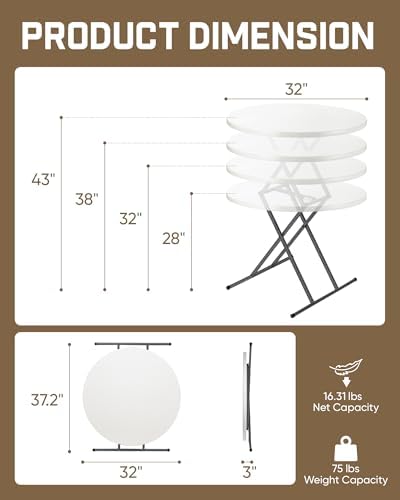 FanttikOutdoor Folding Table Round 32" Quick Adjust 4 Heights Party, Patio