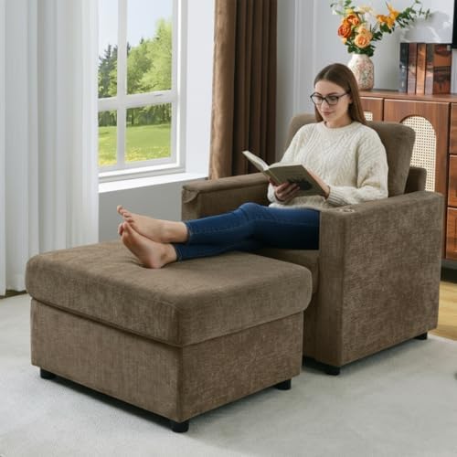 Rading Chairs with Storage Ottoman and Folding Tray Table, Brown