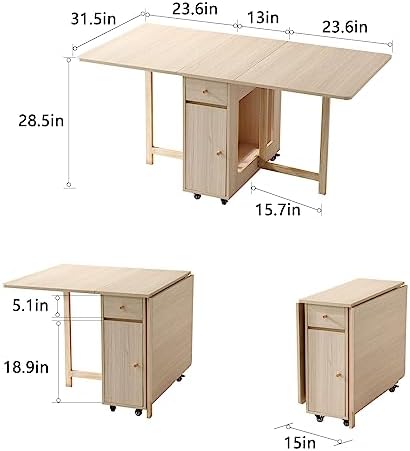 COMUHOME Drop Leaf Folding Dining Table with Storage, Wheels, Space Saving