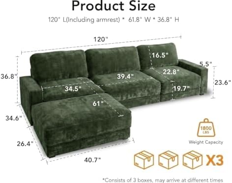 Vipbear 120" Chenille Oversized Modular Sectional Sofa, L Shaped Couch S...