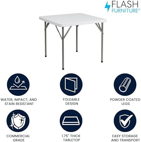 Flash Furniture Elon Square Plastic Folding Table, Portable Dining Card Table for 4 People, Indoor-Outdoor Use, 34.25", Granite White
