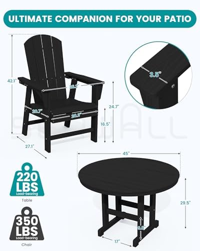 SERWALL 5-Piece Patio Dining Set, 45" Table & 4 Adirondack Chairs, Black