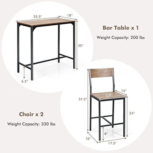 GIANTEX 3 Piece Pub Table Set, Bar Table and Chairs Set of 2, Kitchen Counter Height Dining Table Set, Dinette Set for Small Space Apartment Breakfast Nook Restaurant, Rustic Brown