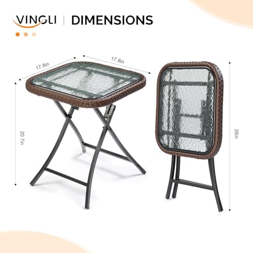 VINGLI 18in Modern Brown Rattan Folding Glass Outdoor Side Table, Small Patio Table with Tempered Glass Top,Rectangular,1 Pack