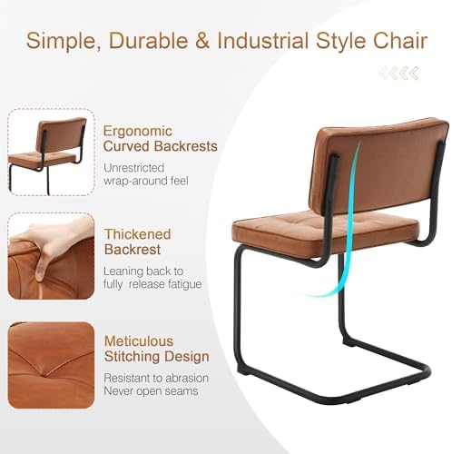 Zesthouse Industrial Metal Dining Chairs Set of 2, Upholstered Leather Kitchen Chairs with Black Metal Base, for Kitchen & Dining Room Living Room, Mid Century Breuer Design Inspired, Armless, Brown