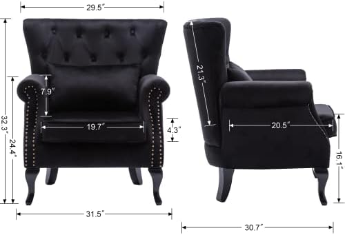 Mid Century Modern Accent Chair Upholstered Armchair Comfy Velvet Fabric Single Sofa with Tufted Wingback for Small Spaces Bedroom Living Room, Black