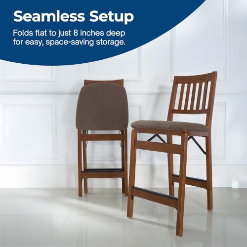 MECO Stakmore Premium Solid Wood Dining Table Folding Counter Stools Set with Fabric Padded Upholstered Seat, Espresso (2 Pack)