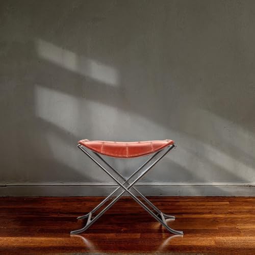 Creative Co-Op Collapsible Leather and Metal Stool, Russet Brown