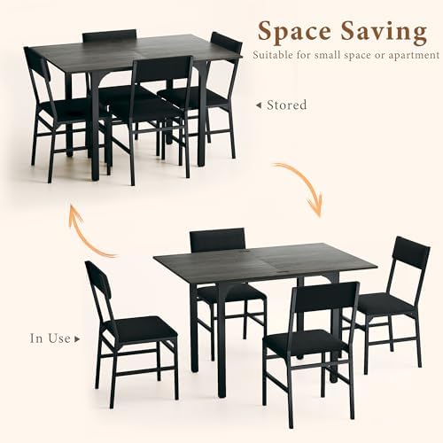 HUAHUU Dining Table Set for 4, Extendable Kitchen Table Cushion Chairs Set of 4, Rectangle Dining Table with Metal Frame & MDF Board, Folding for Small Apartment Saving Space, Gray