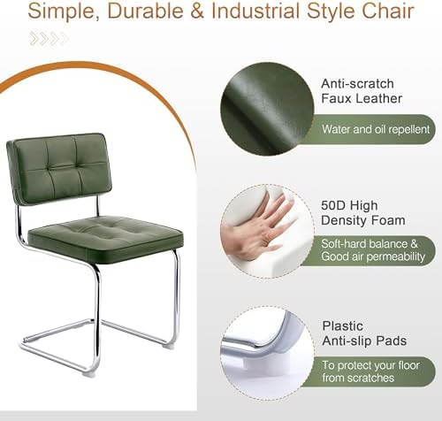 Zesthouse Faux Leather Dining Chairs Set of 4, Industrial Metal Chairs with Stainless Chrome Legs, Mid Century Modern Cesca Chair for Kitchen & Dining Living Room, Upholstered Armless Chair, Green