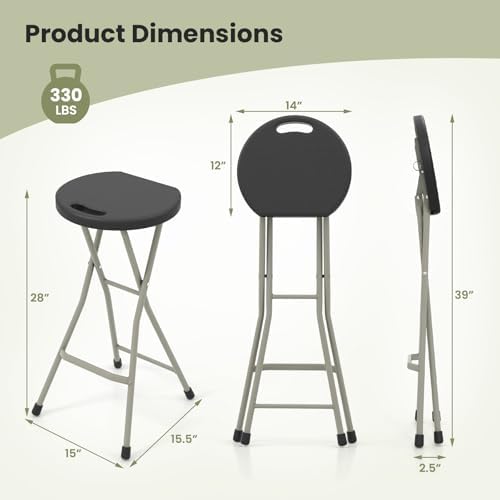 GYMAX Folding Stool, 28in Portable Collapsible Bar Stool with Handle & Steel Frame, 330lbs Sturdy Foldable Lightweight Metal Chair for Outdoor/Indoor Kitchen Home Bar, Assembly Free (Set of 2, 28inch)