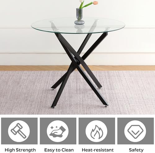 Small Dining Table Set for 4, 36" Round Kitchen Table with 4 Teddy Boucle Dining Chairs, Tempered Glass Top with Metal Legs(All Black)