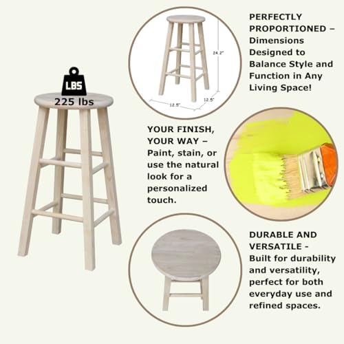 IC INTERNATIONAL CONCEPTS Solid Wood Round Top Stool, Unfinished
