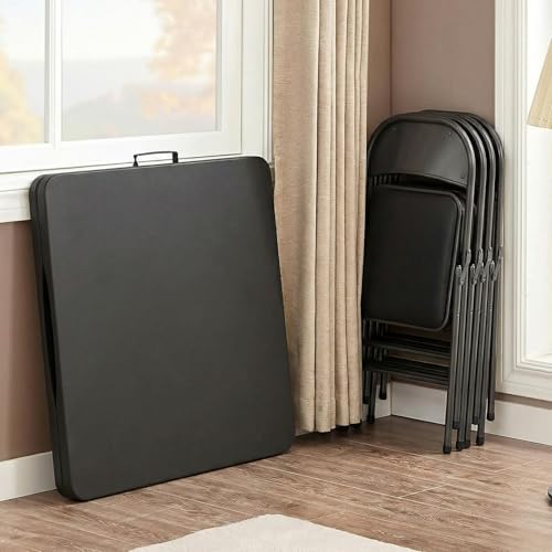 6FT Black Plastic Folding Table Set with 6 Black PU Padded Chairs