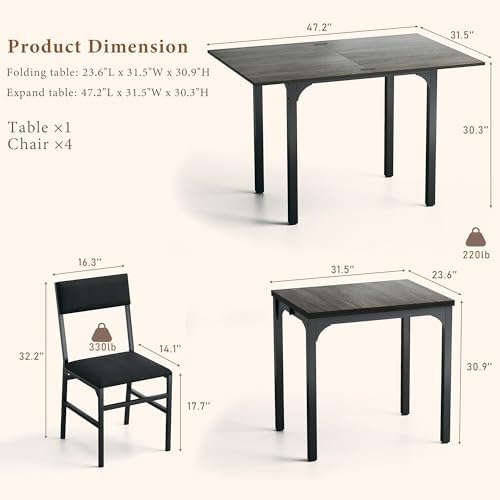 HUAHUU Dining Table Set for 4, Extendable Kitchen Table Cushion Chairs Set of 4, Rectangle Dining Table with Metal Frame & MDF Board, Folding for Small Apartment Saving Space, Gray