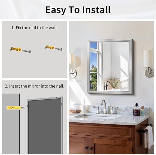 20x24 Inch Brushed Silver Bathroom Mirror, Raised Metal Framed Bathroom Vanity Mirror for Over Sink, Anti-Rust, Shatterproof Rectangle Wall Mirror, Hangs Horizontally or Vertically