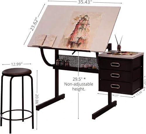 Adjustable Drawing Table with 3 Drawers & Stool, for Art & Work