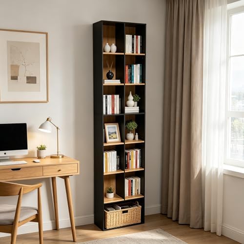 71" Tall Shallow Bookcase DVD Storage Shelf, 14 Cubes 7 Tier Narrow Wide Bookshelf with 6 Adjustable Shelves, Scratch & Moisture Resistant Media Cabinet for Living Room Study (Black-Oak)