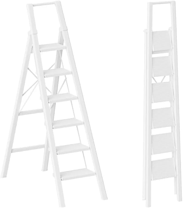6 Step Ladder, Foldable 6 Step Stool, White