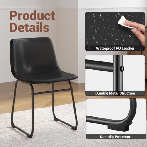 Dining Chairs Set of 2, 18in PU Leather Modern Kitchen Chairs, Black