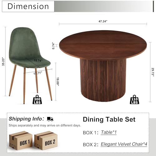 Dining Table Set for 4, Mid Century Modern 47 Inch Wooden Round Dining Table Set, Space Saving (Table + 4 Green Chairs)