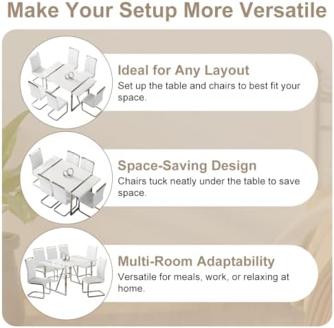 Ebullient Dining Table Set for 6，White Rectangular MDF Kitchen Table and Leather Dining Chairs Set of 6, 7 Piece Dining Table Set，Modern Dining Room Table Set 6 with Metal Frame for Kitchen