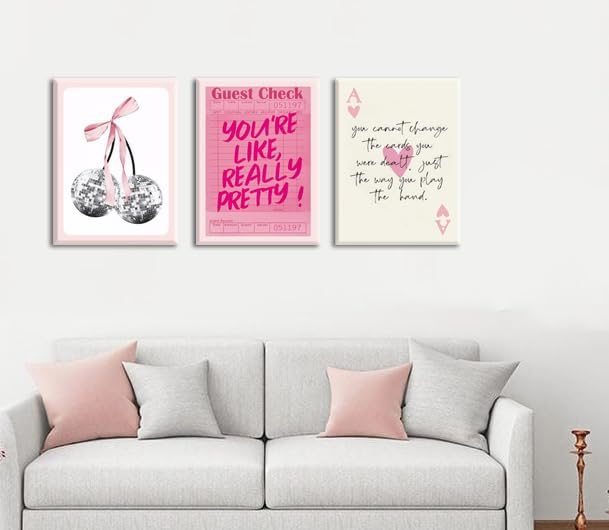 Pink Preppy Wall Art Framed Set of 3 Trendy Coquette Disco Cherry Posters Ret...