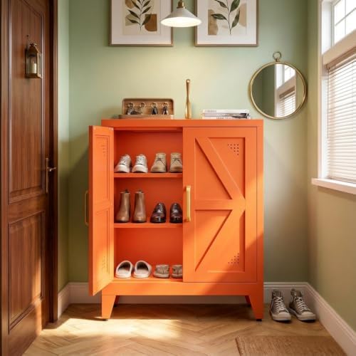 Metal Storage Cabinet with Adjustable Shelves and Doors, Orange