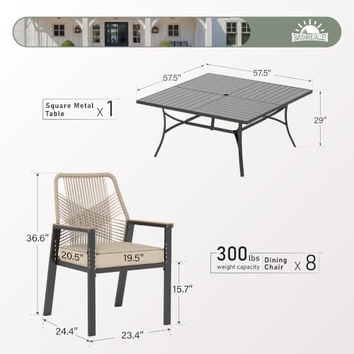 SUNSHINE VALLEY 9pc Patio Dining Set, 57.5" Square Table & 8 Rattan Chairs