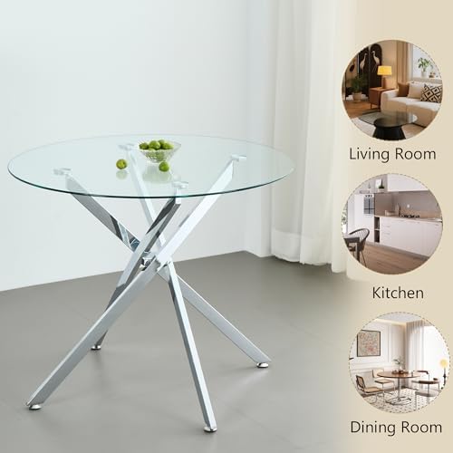 HomVent 36''Silver Round Glass Dining Table Set for 4 for Family Gathering