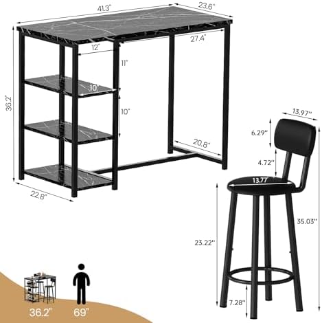 Recaceik Pub Dining Table Set for 2, Table and Bar Stools with 3 Storage Shelves, MDF Board & PU Leather Backrest Chairs, 3 Piece Dining Set for Small Space, Apartment, Kitchen Island, Black